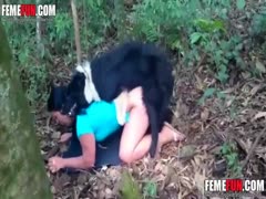 Dog happy to fuck this brunette bitch in the forest